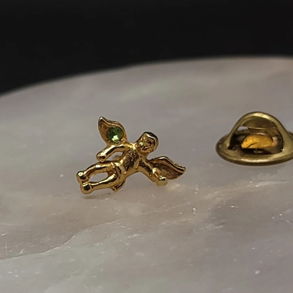 Vintage Angel on My Shoulder Pin August Birth Stone Peridot Guardian Angel